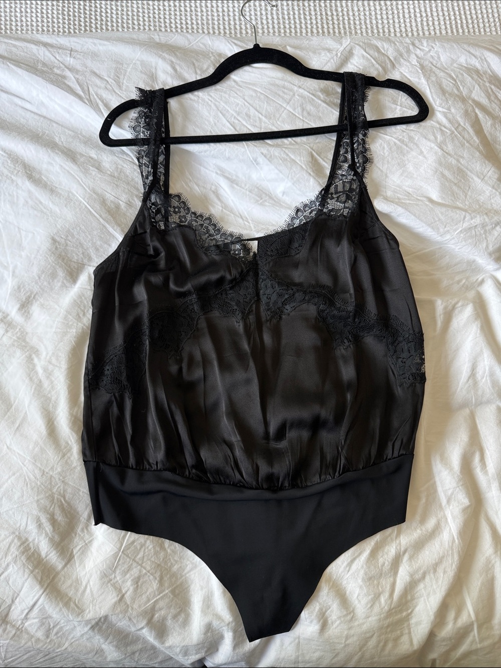 Cami NYC Black Lace Trim Satin Bodysuit